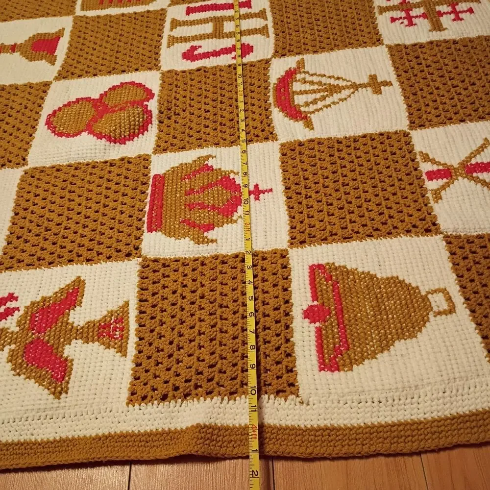 Handmade Crochet Afghan Blanket 64x49 Religious Christian Catholic Gold White
